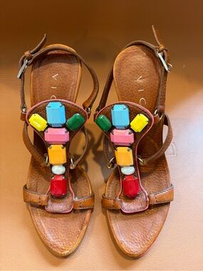 Vicini Brown Leather Sandals with Multicolor Gem Accents
